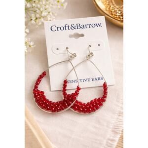Croft & Barrow Red Beaded Hoop Earrings Silver Tone Wire Hook NWT